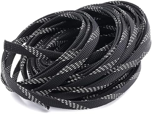 Jutagoss PET Expandable Braided Cable Sleeve, 32.8ft - 3/8 inch Black Silver Cable Management Sleeve, Wire Loom Tube Cord Protector for USB Cable, Power Cord, Audio Video and More, 1Pc