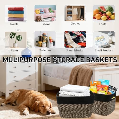 3 Pack Woven Baskets,Storage Baskets for Shelves with Handles | 13.5"×11"×9.5", Closet Baskets, Nursery Organizer for Toys Towels Books, Storage Bin for Living Room Bedroom (Black & Jute)