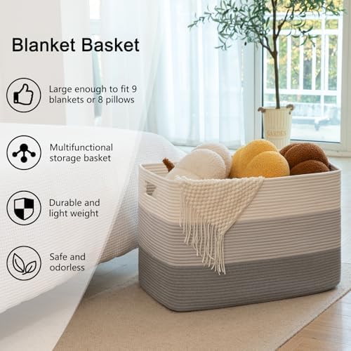 OIAHOMY 118L Extra Large Blanket Basket Cotton Rope Storage Basket Grey | 25" x 17" x 16", Rectangular Baskets Living Room,Used for storing Dirty Clothes, Stuffed Animal Toy Storage for Kids Room