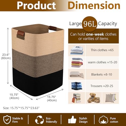Laundry Hamper 96L Extra Large Laundry Basket, Woven Blanket Basket | Cotton Woven Storage Hamper with Handles for Living Room, Large Baskets for Pillows, Blankets, Clothes-Black & Yellow