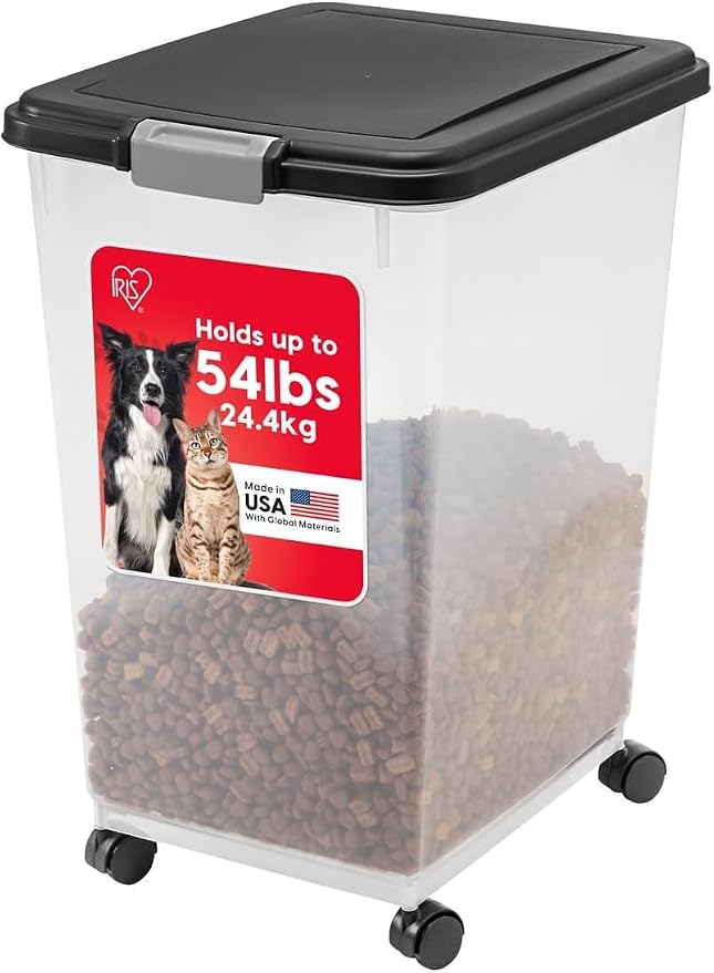 IRIS USA Dog Food Storage Container, Up to 54 lbs, Black, Made in USA | Wheels for Mobility, Airtight Seal, BPA-Free, Best for Bird Seed, Cat food, Cat Litter, Chicken Feed, Pellets, Flour, Rice