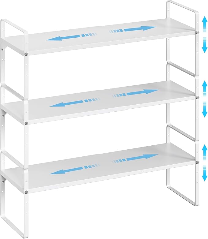 15.5 to 25.5 Inch Kitchen Cabinet Shelf Organizers, Adjustable Kitchen Counter Shelf Organizer, Set of 3 Expandable Countertop Storage Shelves, Stackable Design, 30LBS Heavy Duty, Space Saver