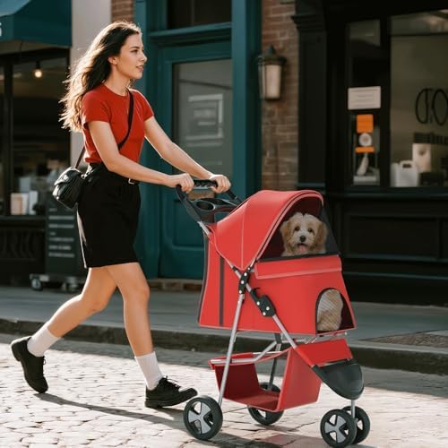 Foldable 3-Wheel Pet Stroller for Small/Medium Dogs & Cats, Red | Storage Basket & Cup Holder, Breathable Mesh Cover, Lightweight and Durable, for Small to Medium Pets, up to 33 lbs