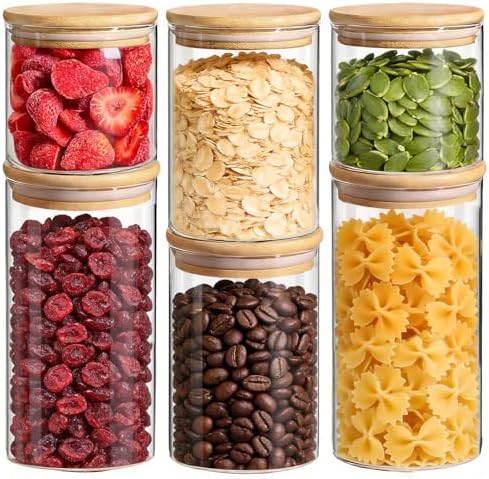 ComSaf Glass Storage Containers with Lids, Set of 6 Jars (0.6Qt/1Qt/1.5Qt) | Glass Pantry Storage Containers, Pantry Organization, BPA Free, Kitchen Canisters, Dry Food Flour Cereal Sugar Tea Coffee