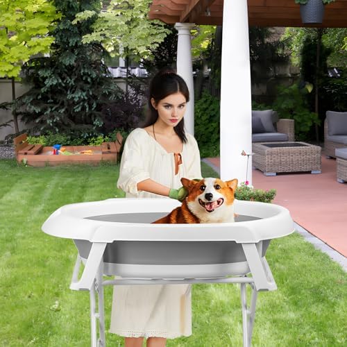 2-in-1 Foldable Dog Bathtub with Stand & Storage Rack, 34" Elevated Pet Washing Station for Small Medium Dogs Cats, Collapsible Portable Shower Tub for Indoor Outdoor Bathing and Grooming (Grey)