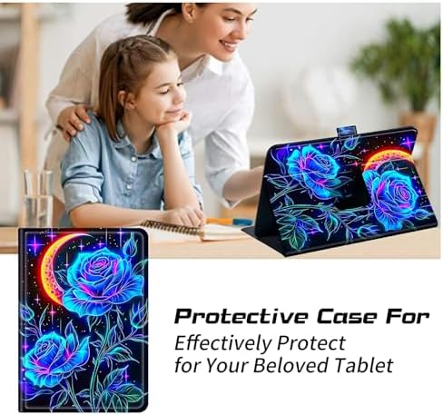 Universal Tablet Case for T-Mobile Revvl Tab 2 10.1" 2025/Revvl Tab 5G 10.36" 2023, 360 Degree Rotating Kickstand Protective Stand PU Leather Shell Cover for 9"-10.5", Blue Rose Moon