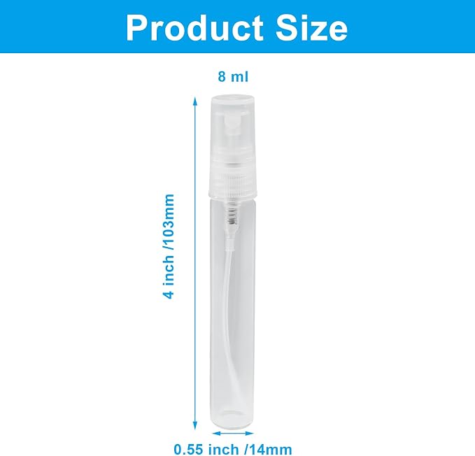 8ml Mini Spray Bottle, 10 Pack Glass Refillable Atomizer | Fine Mist, Travel Size, For Fragrance Oils & Perfume, Clear