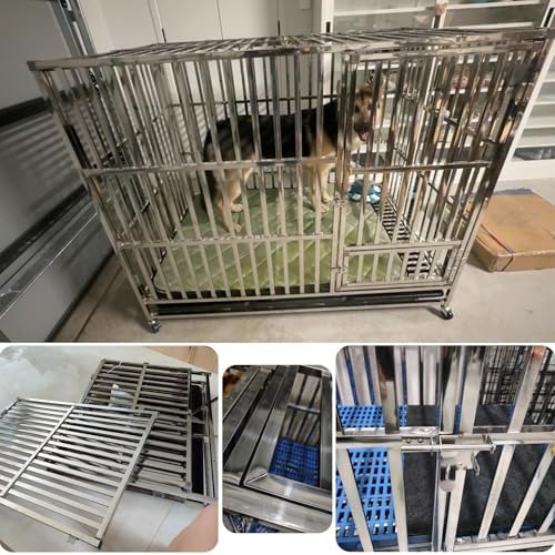 Large Foldable Dog Cage with Double Door Design, Stainless Steel, Lockable Wheels, Bottom Feeding, Removable Tray, Perfect for High Anxiety Dogs, 78x52x72cm