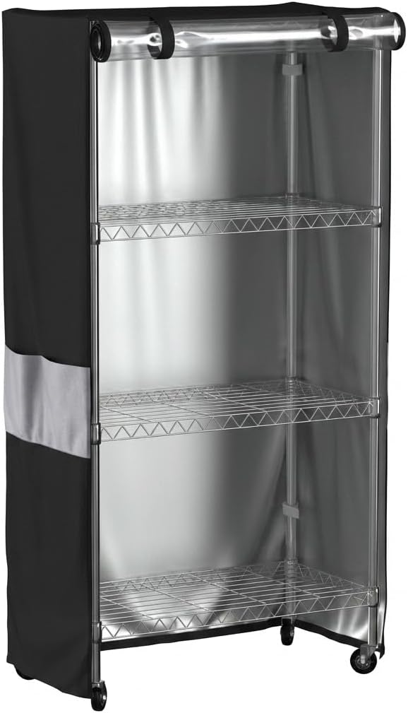 48x18x72 Shelf Cover, Waterproof 600D Oxford Rack Cover for Garage Shelving | Rack Cover with Clear PVC Window, Side Zippers, Buckles & Pocket for 48x18x72 Garage Storage
