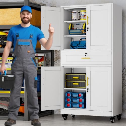 74" Metal Garage Storage Cabinet with Wheels and Locking Doors