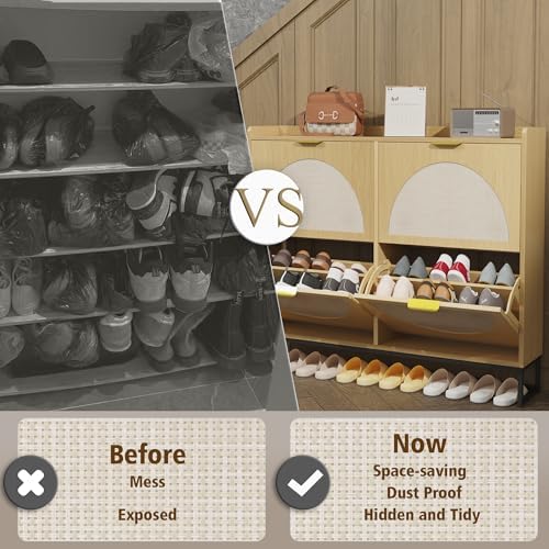 KIGOTY Narrow Shoe Storage Cabinet, Shoe Cabinet with 4 Flip Drawers, Freestanding Shoe Organizer with Legs for Entryway, Slim Shoe Rack Cabinet for Enterway (Rattan Oak, 4 Flip Drawer)