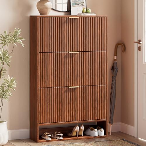 Evermagin 31.5''W Walnut Shoe Cabinet Storage for Entryway, Fluted Slim Shoe Dresser with 3 Flip Drawers, Narrow Shoe Rack Cabinet, Hidden Shoe Organizer Cabinet for Entrance, Hallway