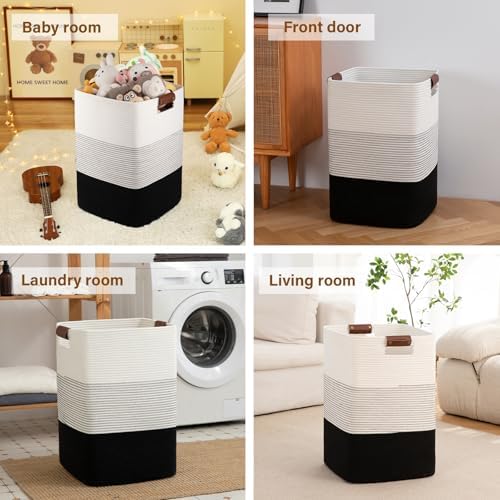Laundry Hamper 96L Extra Large Laundry Basket, Woven Blanket Basket | Cotton Woven Storage Hamper with Handles for Living Room, Large Baskets for Pillows, Blankets, Clothes-Gradient Black