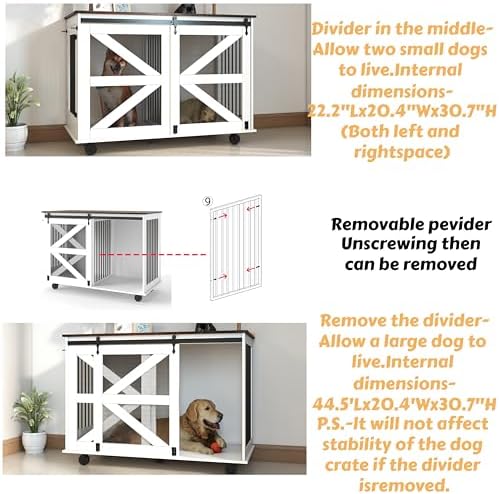 47.2 Inch Mobile Dog Crate with Flip-Top Feeding Door Dual-Access Entry 5 Caster Wheels 2 Locking Side Hooks Removable Divider Multi-Functional Pet Kennel Furniture for Large Dog or Two Small Dogs