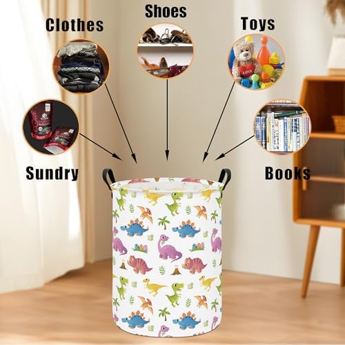 Round Laundry Basket Collapsible Storage Hamper Organizer Cute Dinosaur | Waterproof Canvas Foldable Baskets with sturdy Handles Multi-scene Organizer for Home Play Bedroom Gift Bin