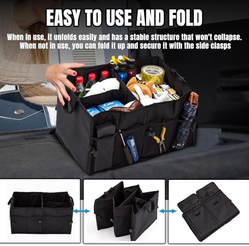 Hovom Car Trunk Organizer, Collapsible Trunk Storage Box for SUV, Multi-Compartment Car Organizers and Storage, Large Capacity Backseat Organizer for Most Cars SUVs Trucks Sedans (Black)