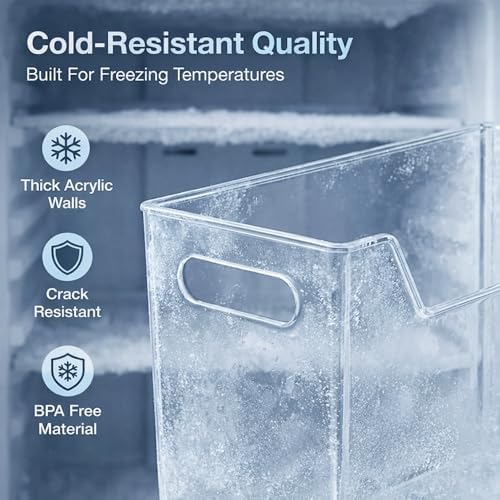 Crystal Clear Freezer Storage Bins, Clear Plastic Bins Stackable Pantry Drawer Plastic Organizers Containers with Handle for Refrigerator Fridge Cabinet Kitchen Countertops Cupboard (Clear L, 4Pcs)