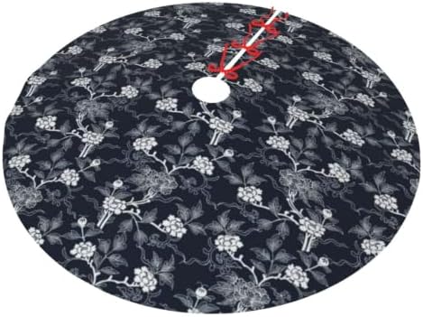 Christmas Tree Skirt, Soft Polyester Xmas Tree Skirts with Ribbon Ties, Rustic Farmhouse Holiday Party Decorations Indigo Dye Seamless Stencil Pattern 48"