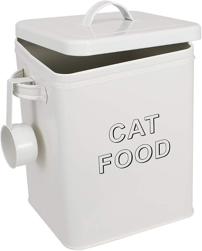 Pethiy Cat Food and Treats Containers Set with Scoop for Cats or Dogs -Tight Fitting Wood Lids - Coated Carbon Steel - Storage Canister Tins-Cat-White