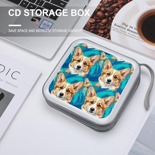 Hard Plastic Protective CD Case Corgi, 40-Disc Capacity Storage Binder with Zipper, Portable Organizer for Home Office
