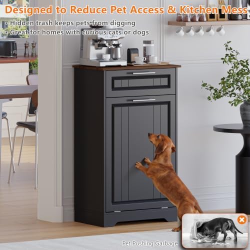 Single 10 Gallon Tilt Out Trash Can Cabinet with Deodorizing Function, Wooden Hidden Garbage Can Holder with Storage Drawers for Kitchen and Dining Room, Laundry Hamper Cabinet for Bathroom, Black