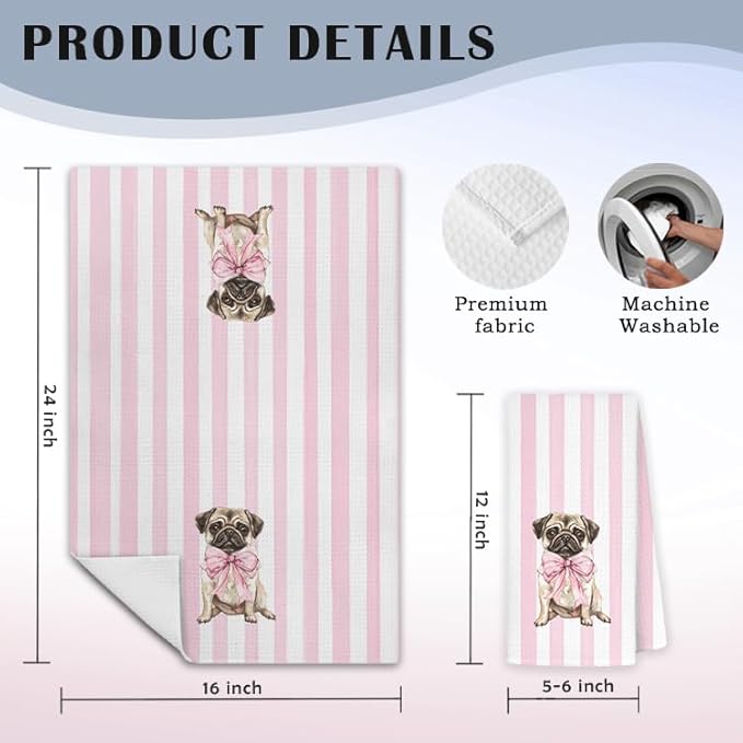 Pink Coquette Pug Kitchen Towels, Pug Lover Gifts Dish Tea Towels for Kitchen Decor, Preppy Girly Dog Pink Striped Decorative Hand Towel Bathroom Decor, 16x24 Inch Set of 2