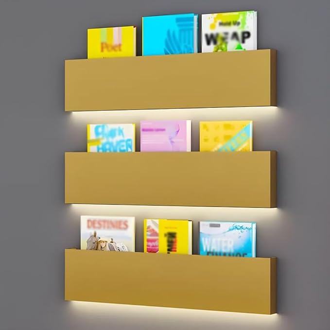 Magazine Holder Wall Mounted, Set of 3, Metal Floating Book Shelves with Built-in Illuminated LED Light, Decorative Display Shelf, for Living Room, Bedroom, Bathroom ( Color : Gold , Size : 150x5x20cm