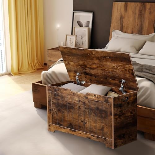 Wooden Storage Chest,30/40 Inch Storage Trunk w/2 Safety Hinges, Storage Bench, Modern Lift Top Chest Box Organizer (Rustic Brown, 30 L x 15.7 W x19 H Inch)