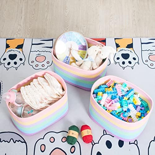 MINTWOOD Design 3-Pack Storage Baskets and Cube Bins for Shelves, Playroom and Classroom, Decorative Woven Closet Organizers for Books, Shoes, and Pantry Items, Pastel Rainbow