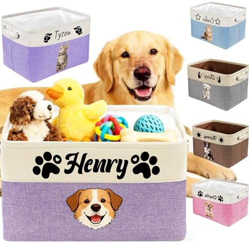 Personalized Dog Toy Box Custom Pet Storage Basket with Name Photo Personalized Collapsible Organizer Basket for Pet Toys Clothes Blankets Purple