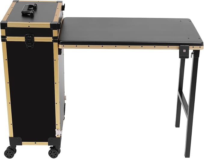 Rolling Manicure Desk Makeup Train Case, Foldable Nail Tables, Travel Cosmetic Trolley with Remote Control and Adapter for Hair Stylists, Pet Groomers, Makeup Artists (Black, Gold)