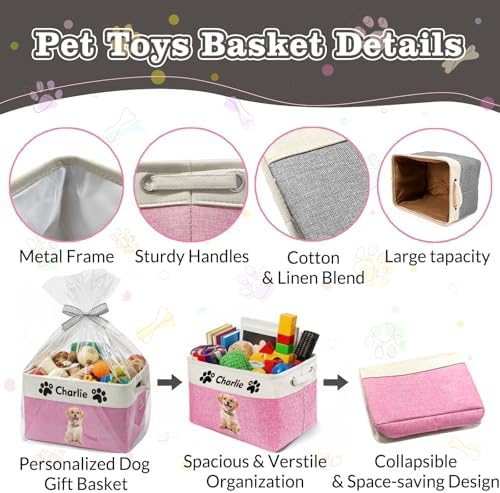 Personalized Fabric Dog Toy Basket Custom Pet Collapsible Toy Box with Name Picture Customized Storage Bins for Dog Toy Clothing,Brown