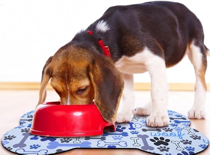 Dog Food Mats for Floors Waterproof, Pet Feeding Absorbent Water Bowl Mat Cat Placemats Blue Bone Shape 25.5 * 17 inch