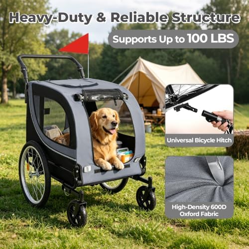 2-in-1 Pet Bike Trailer & Dog Stroller for Ebikes, Heavy-Duty Foldable | Heavy-duty powder-coated steel frame supports up to 100 lbs. 600D Oxford fabric is tear-resistant and sun-protective. Co
