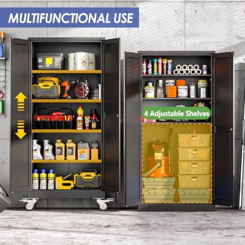 71" Metal Garage Storage Cabinet with Wheels and Locking Doors and Tall Rolling Steel Tool Cabinet with 4 Adjustable Shelves for Garage,Home,Office,Shop (Black, 71''H x 30''W x15''D)