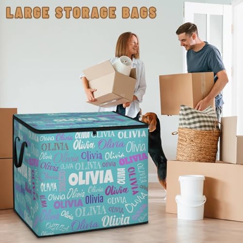 Custom Extra Large Storage Baskets Named with Lid, Personalized Storage Bins Basket Boxes Handles for Clothes Blanket Bedroom Closet Organizing Toys Shelves, Lake Blue with Colorful Names
