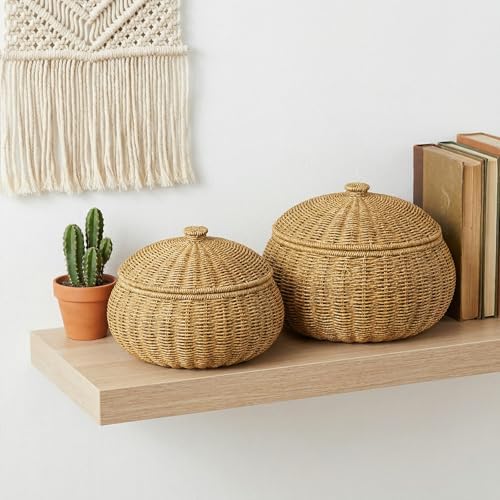 Round Rattan Boxes with Lid, Natural Woven Storage Basket Bin with Cover, Weaving Decorative Shelf Basket Snacks Tea Set Storage Box-13.78x13.78x8.27inch
