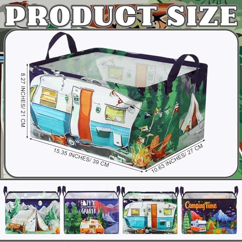 Breling 4 Pcs Camping Storage Baskets with Handles Black Night Camping Laundry Hamper Large Collapsible Bonfire Woodland Theme Baskets Storage Bins Boxes for Outdoor Lake Camp, 15 x 10 x 8 Inch