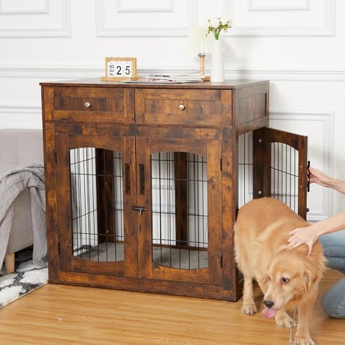 40'' Wooden Dog Crate Furniture, Farmhouse Dog Kennel Indoor Furniture Style Dogs Crate Table with 2 Drawers for Small, Medium & Large Dogs Brown
