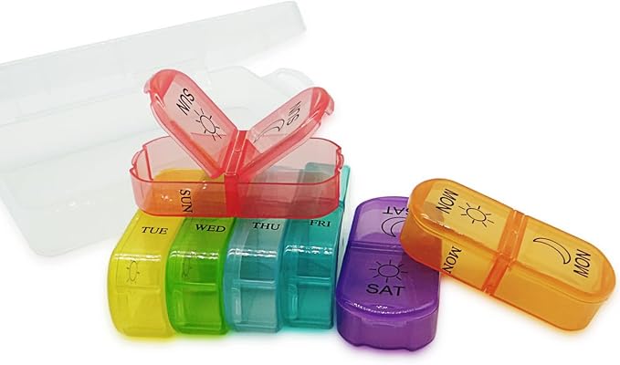 Travel Pill Organizer 7-Day for Purse Pocket, Daily Medicine Case | Box with 14 Compartment Weekly Meds Container Reminder Planner AM PM Hold Medicine, Vitamin, Supplement, Fish Oil, Colorful