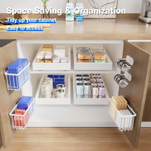 Mustorn 4 Pack Adhesive Cabinet Door Organizer, Lid Organizers Inside Cabinet Food Container/Tumbler Lid Organizer and Storage Cup Lids Holder for Kitchen & Bathroom Wall Mounted(White)