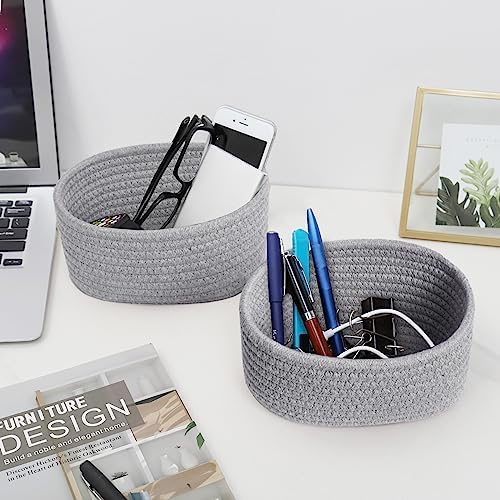 【2 Pack】ABenkle Small Woven Baskets, Tiny Oval Shallow Storage Baskets, Mini Cotton Rope Empty Decorative Basket, Boho Little Organizer Bins for Bathroom, Cat Dog Toy Gifts Baskets