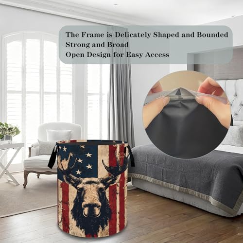 Moose Laundry Basket Hamper, Organizer Bins Gifts for Women Kids, Rustic American Flag Cabin Foldable Waterproof Clothes Hamper Handles Storage Bucket for Bedroom Bathroom Room Decor 19.7"x15.7"