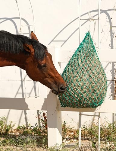 Harrison Howard 2 PCS Slow Feed Hay Net for Horses, 40 Inch Hay Bag Holds 1–2 Flakes, 2 Inch Mesh Durable Hanging Feeder for Stable, Pasture & Livestock-Grass Green