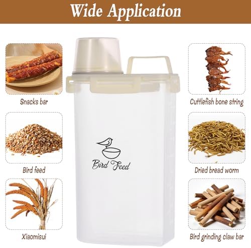 3.17 Qt/3 L Bird Seed Storage Container Airtight- Portable Bird Food Container with Airtight Measuring Cup, Clear Pet Parrot Seed Dispenser for Birds Food Chicken Feed Storage, Beige Lid