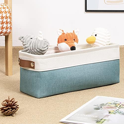 DULLEMELO Fabric Bathroom Storage Bin with Leather Handles, Narrow Organizer for Towels, Toilet Paper Rolls, Storage Basket for Back of Toilet, Vanities, Shelves & Cabinets (White&Teal)
