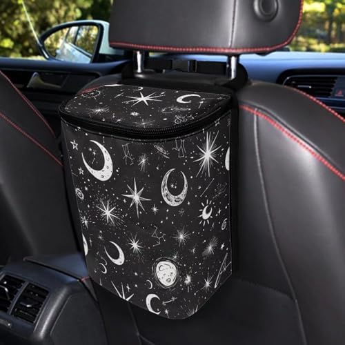 Moon and Star Car Trash Can with Lid - Leak Proof Car Trash Bag Hanging Waterproof Garbage Can - Multipurpose Storage Container for Back Seat Road Trip, Black