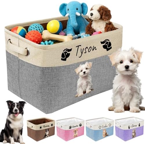 Personalized Dog Toy Basket with Name Photo Custom Cat Storage Organizer Box Collapsible Pet Chest Bins Customized for Toys Clothing-Purple