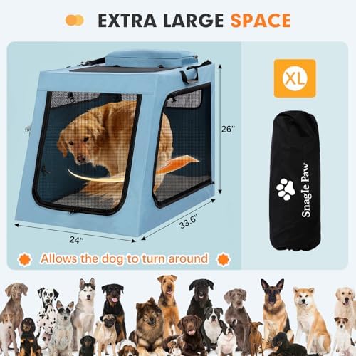 Snagle Paw Portable Dog Crate for Car Travel, Collapsible Large Dog Travel Crate with Metal Frame & 3-Door Mesh Windows, Secures in Trunk/Backseat, Soft-Sided Kennel Carrier for Medium Large Dogs-XL