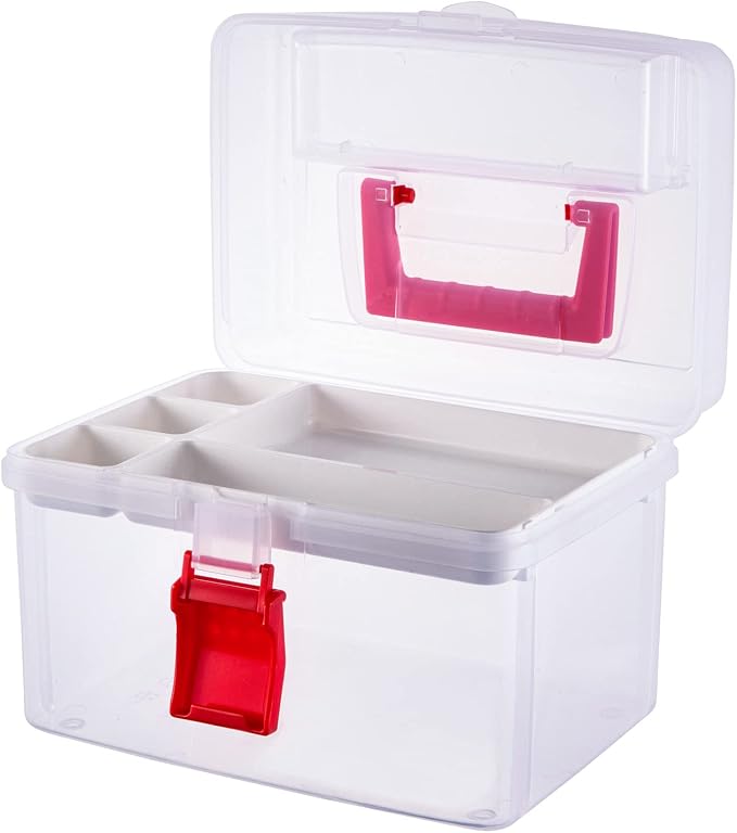 MyGift 10 Inch Clear First Aid Bin with Tray & Quick Access Lid, Red | Keep first aid or medical supplies organized in a clear bin with a detachable tray, quick-access lid flap and portable design